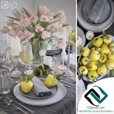 посуда dishes Serving with pink tulips