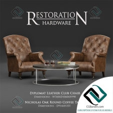 Кресло Armchair RH Diplomat Leather Club Chair & Nicholas Oak Round Coffee Table