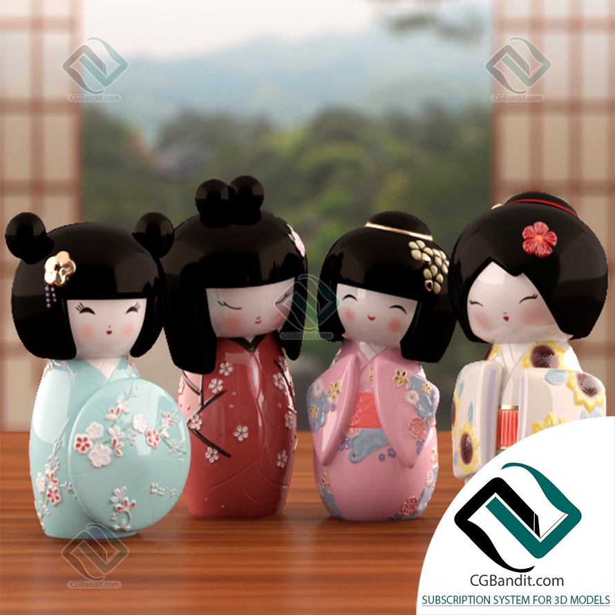 Игрушки Toys Japanese Kokeshi doll 3D модель скачать на CGBandit в формате  3d max, 3ds, obj, fbx, материалы Vray, Corona Render