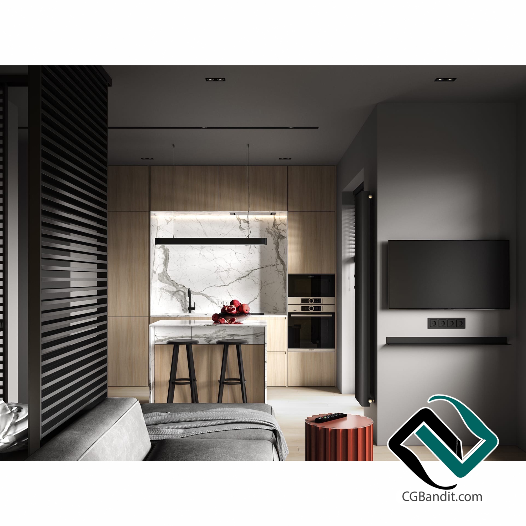 One-room apartment 3D модель скачать на CGBandit в формате 3d max, 3ds,  obj, fbx, материалы Vray, Corona Render