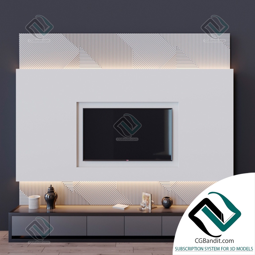 Фурнитура Furniture TV wall 3D модель скачать на CGBandit в формате 3d max,  3ds, obj, fbx, материалы Vray, Corona Render