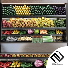 Showcase with fruits and vegetables