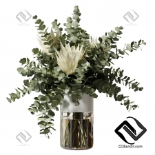 Букеты with three white proteas and eucalyptus branches