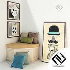 Угловая тумба с подушками и картины Corner cabinet with cushions and paintings