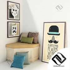 Угловая тумба с подушками и картины Corner cabinet with cushions and paintings