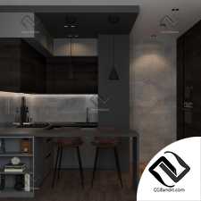 Кухня в современном стиле с камином 3d scene интерьер