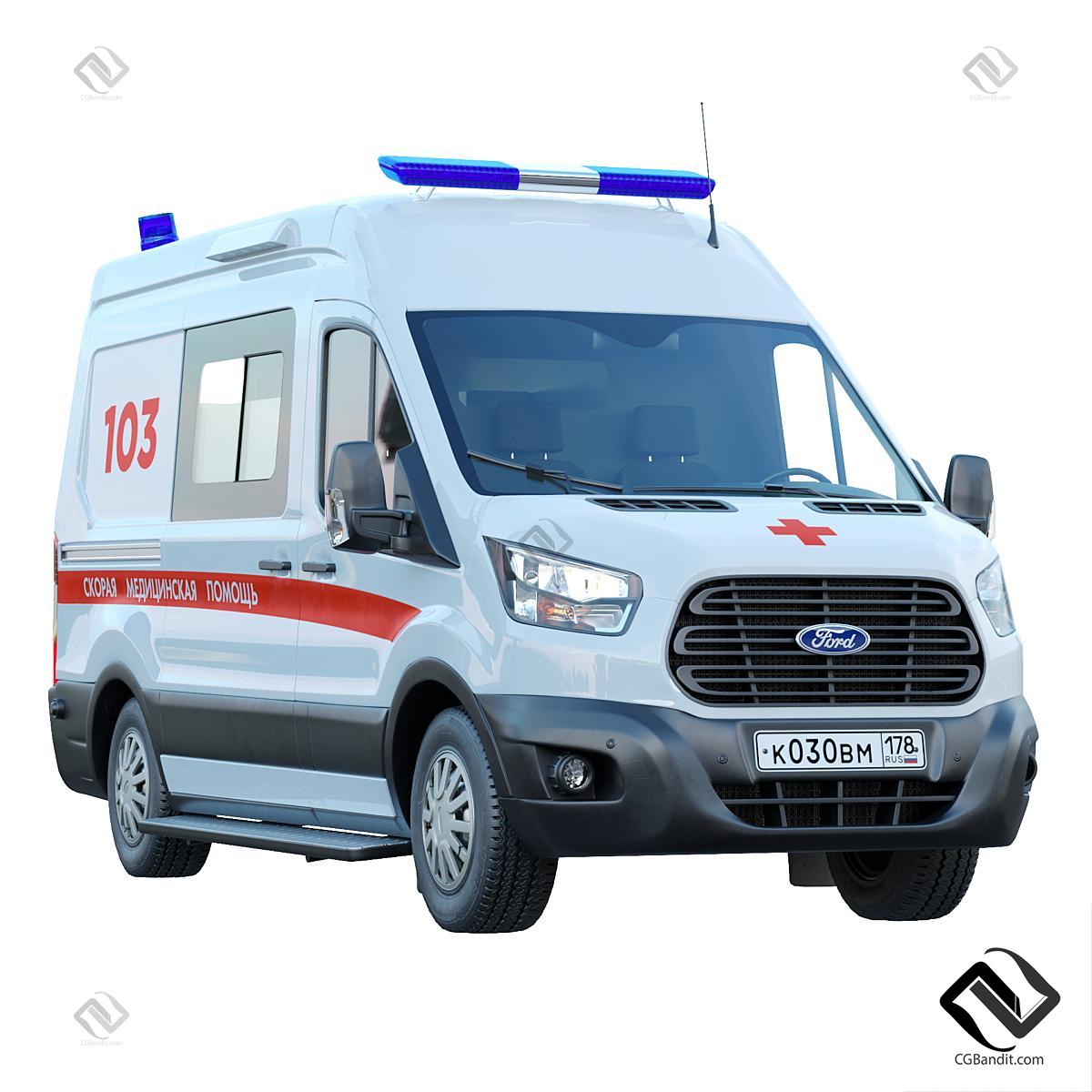 Скорая медицинская помощь Ford Transit 3D модель скачать на CGBandit в  формате 3d max, 3ds, obj, fbx, материалы Vray, Corona Render